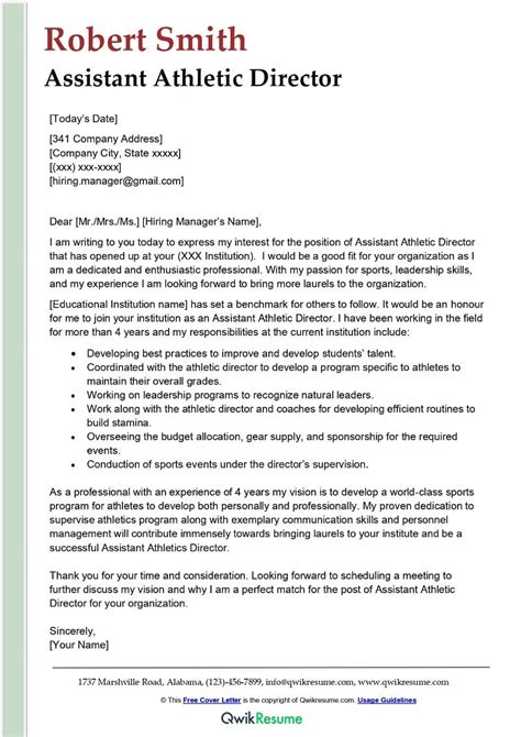 assistant athletic director cover letter examples qwikresume