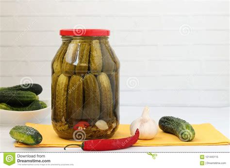 marinated cucumbers  jar  arranged   white background stock image image  container