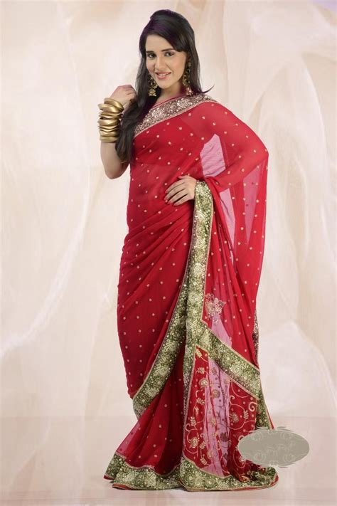 red chiffon saree 21332 with unstitched blouse red