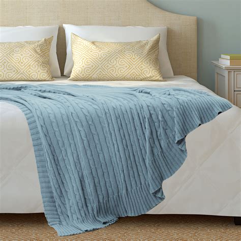 piccocasa cotton blanket cable throw knit blankets light blue