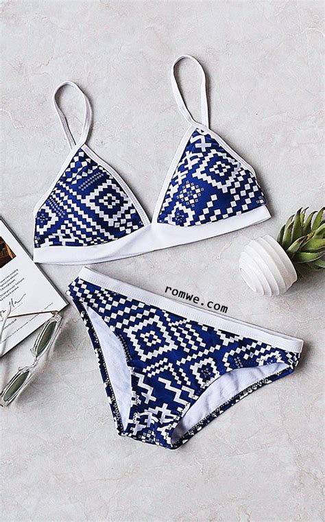 blue geometric print triangle bikini set bikinis swimsuits cute