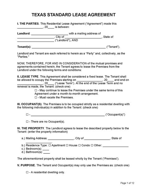 texas standard residential lease agreement template printable form