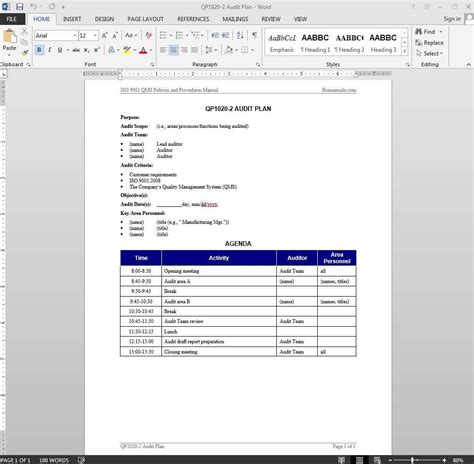 audit plan iso template