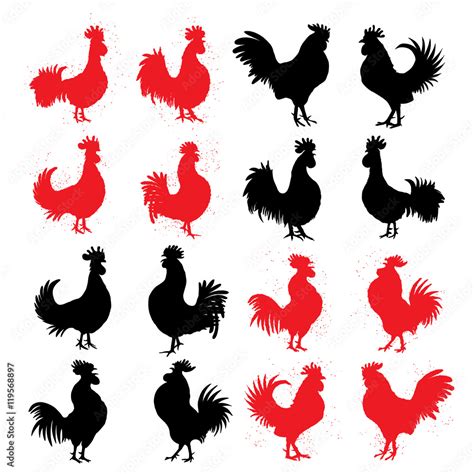 set of roosters in different directions and poses hand drawing of red