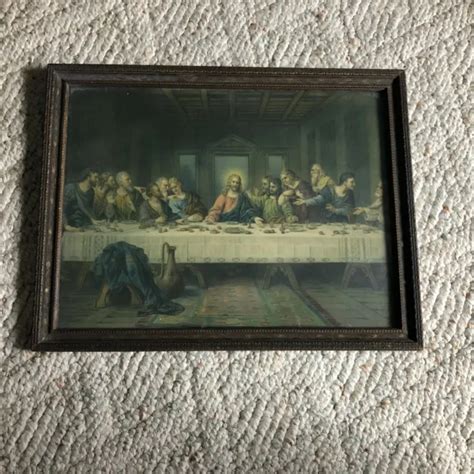 antique wood frame jesus  supper color print litho glass front vintage   picclick