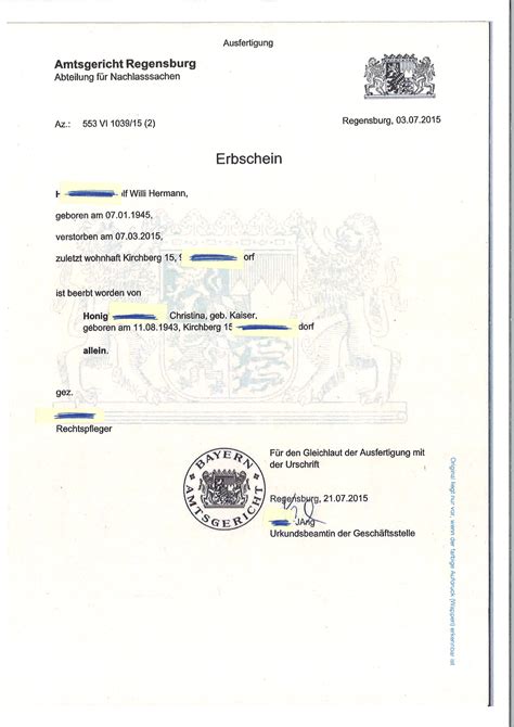 genuine german certificate  inheritance