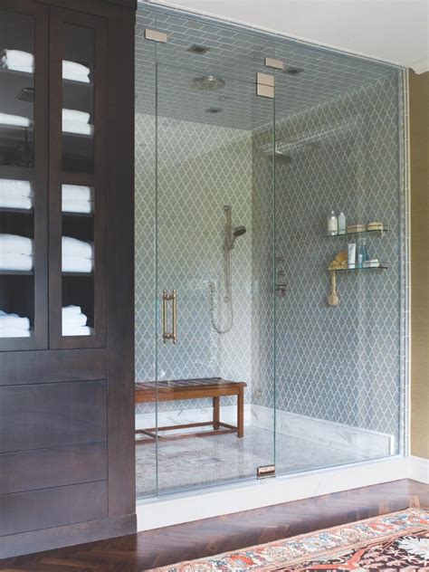 blue tile walk in shower with glass enclosure hgtv