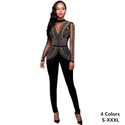 Long Sleeve Full Jumpsuit Sexy Mesh See Through Hollow Out