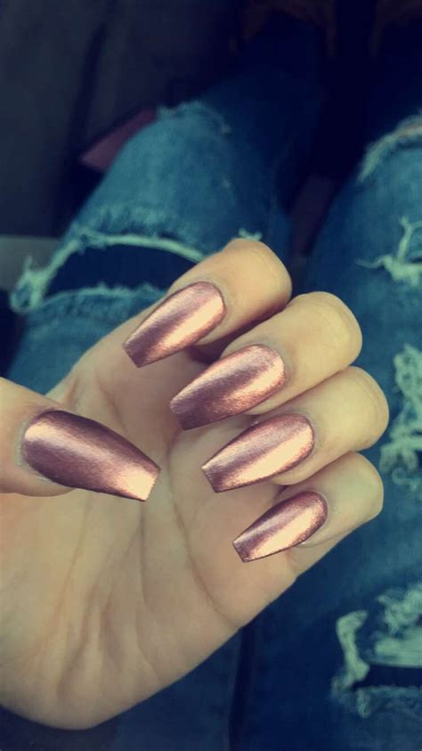 Rose Gold Metallic Acrylic Nails Long Coffin Shape Copper Penny Gold
