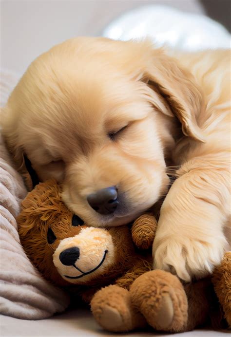cute puppy sleeping  teddy bear golden retriever adorable happy