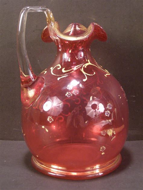 19c Antique Moser Enamel Bohemian Cranberry Glass Pitcher Etsy