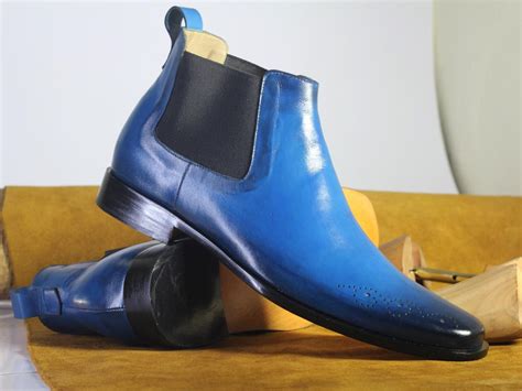 handmade mens  ankle blue boots men chelsea leather fashion stylish boots  storenvy