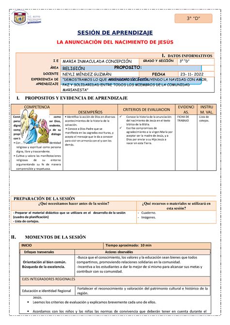 Sesión Religion 23 11 SesiÓn De Aprendizaje La AnunciaciÓn Del