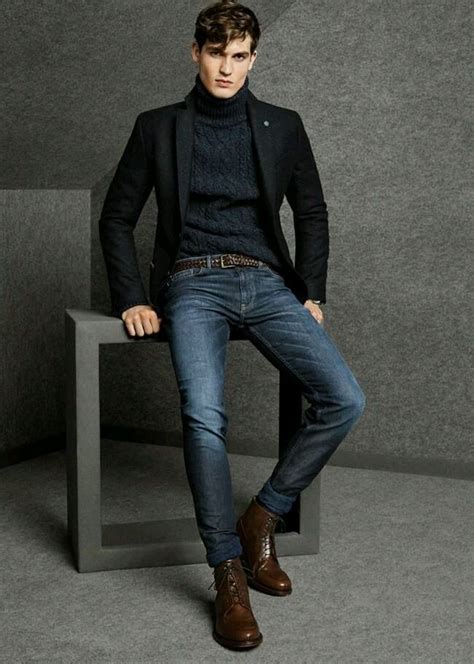 men s black wool blazer navy knit turtleneck navy jeans dark brown