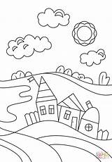Village Coloring Scene Pages Drawing Printable Scenery Drawings Houses sketch template