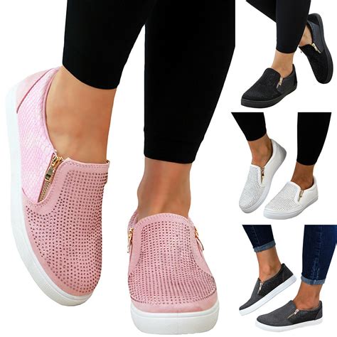 ladies womens flat slip  studded zip fashion sport shoes trainers