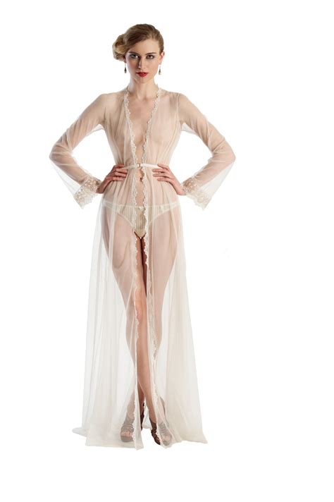 Clair De Lune Robe In Ivory Mesh And Lace Sheer White Floor Length