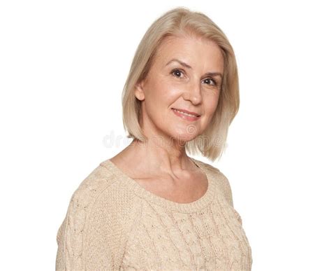 Close Up Portrait Of Beautiful Older Woman Smiling Isolated Stock