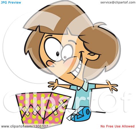 Clipart Of A Cartoon Excited Brunette White Girl Wrapping
