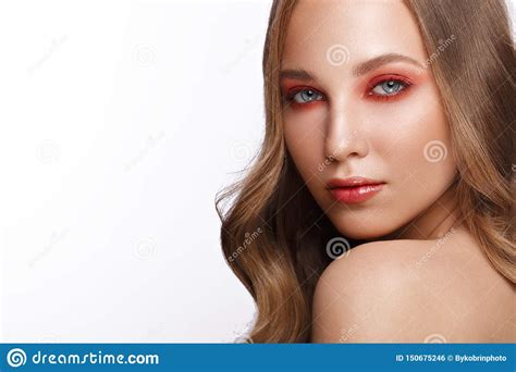 Beautiful Fresh Girl With Perfect Skin Bright Red Make Up Beauty Face