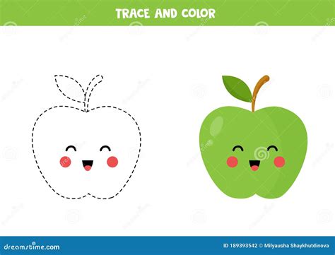 trace  color cute kawaii green apple educational worksheet stock