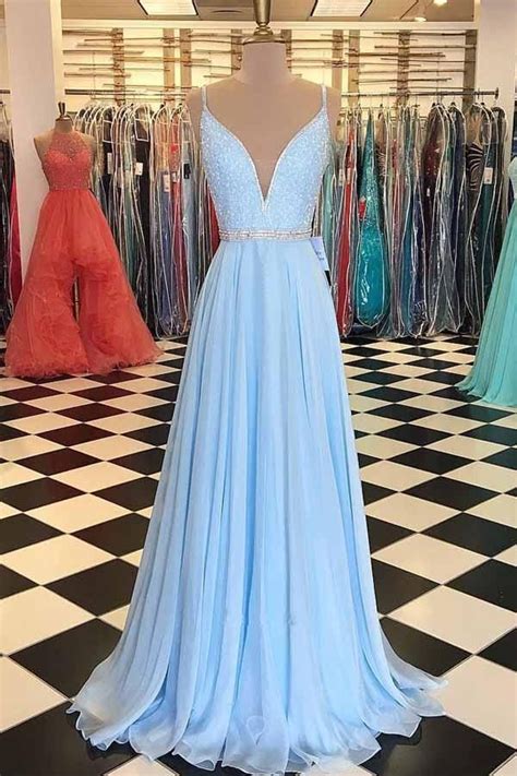 neck open  spaghetti straps light blue long prom dresses  beading pg baby blue