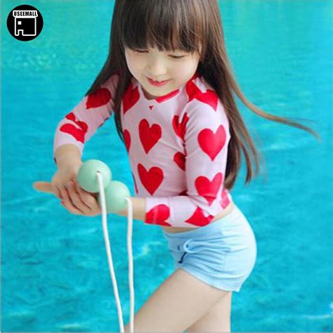 useemall summer swimwear for girls cute korean heart print long sleeve