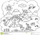 Coloring Countryside Children Playing Pages Vector Boy Girl Royalty Family Stock Grass Smiling Running Animals Illustration Cute Two Bw Tales sketch template