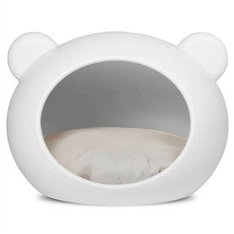white dog cave bed grey cushion