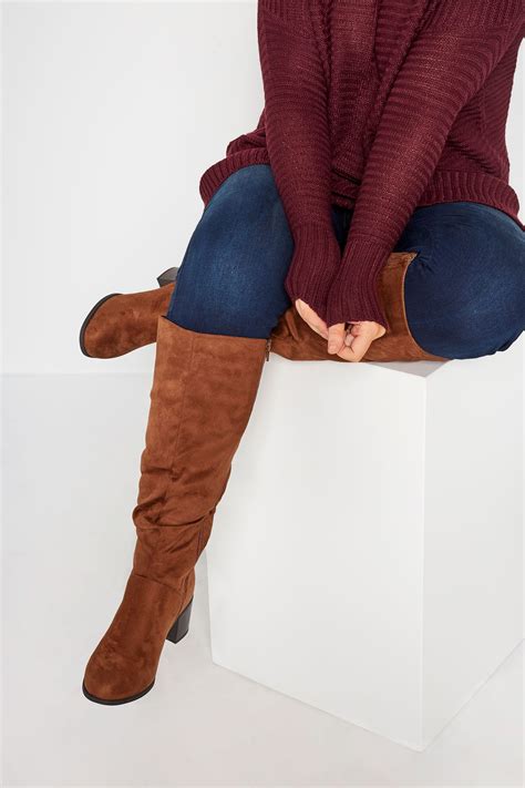 brown knee high ruched heeled boots  extra wide fit  clothing