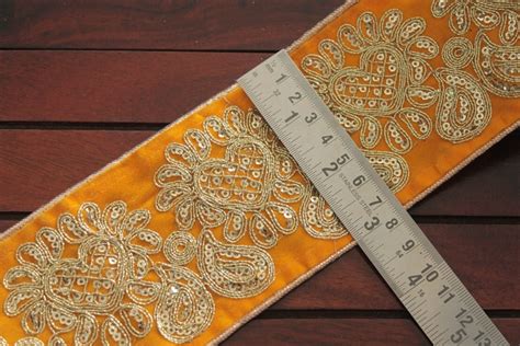 yard yellow fabric trim embroidered floral design velvet etsy