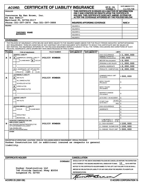 certificate  insurance form fill  printable fillable blank