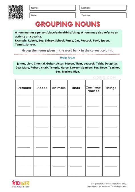 grouping nouns printable worksheets  grade  kidpid