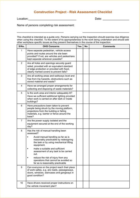 Risk Assessment Checklist Template Gambaran