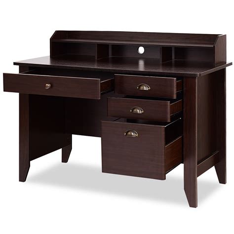 wooden computer writing desk office study table  drawers blackwalnut