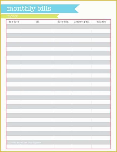 bill tracker template   monthly bill organizer printable