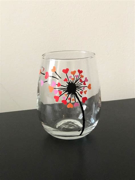 Hand Painted Stemless Wine Glass With Dandelion And Hearts Etsy