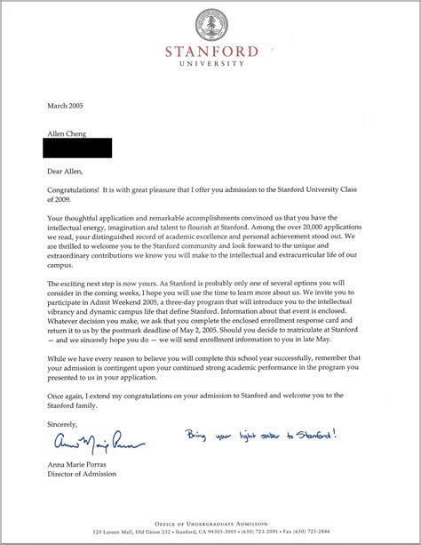 stanford acceptance letter real  official