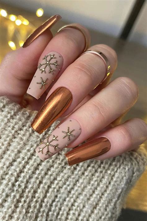 fab christmas nail designs ideas gold snowflake nude nails