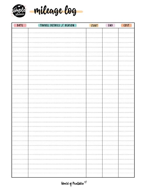 mileage log templates   styles world  printables