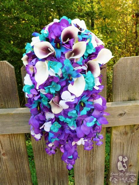 dress my wedding purple turquoise cascade bouquet artificial calla