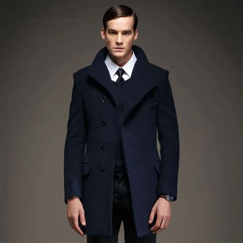 fashion mens pea coat jacket wool blends   long wool coat men