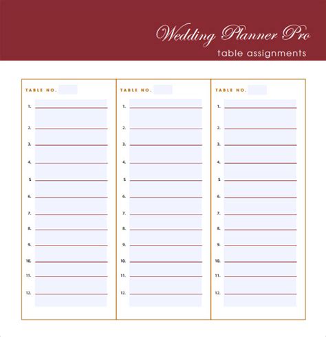 wedding guest table list template printable