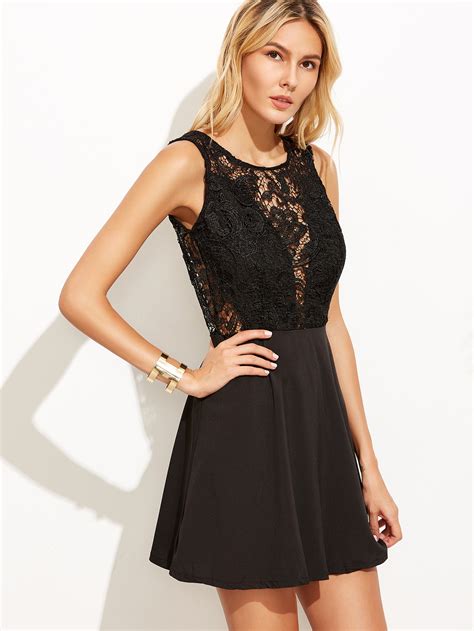 Black Lace Insert V Back Zipper Dress Shein Sheinside