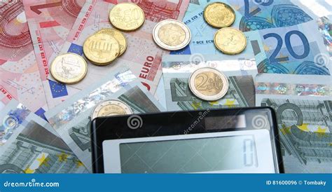 calculator  euro notes  coins finance concept stock photo