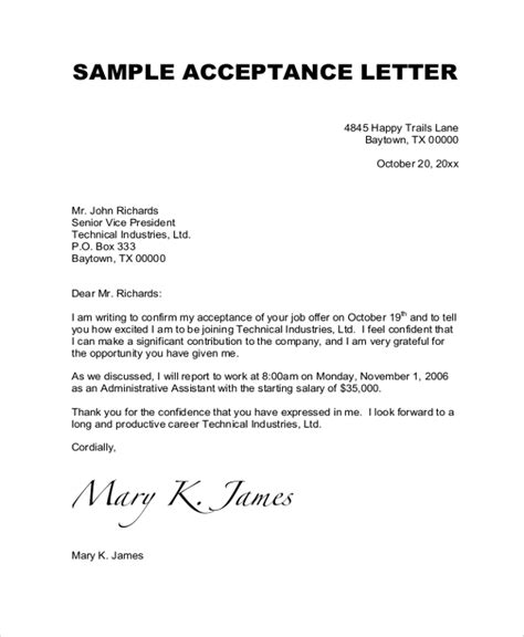 sample job acceptance letter templates   ms word