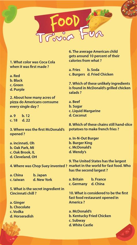 printable food trivia questions  answers