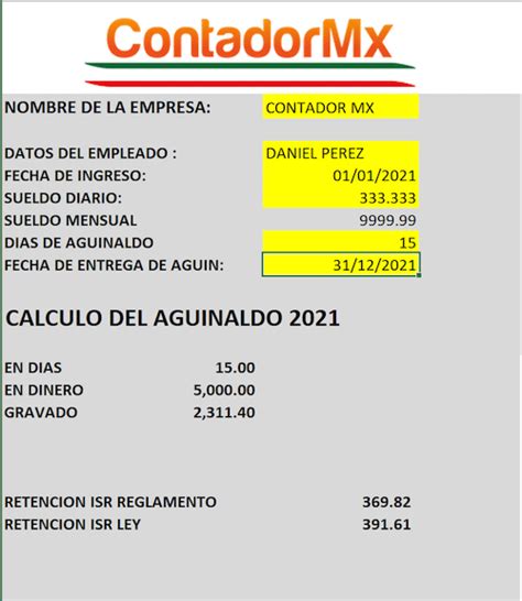 Calculadora De Aguinaldo 2021 En Excel Contadormx