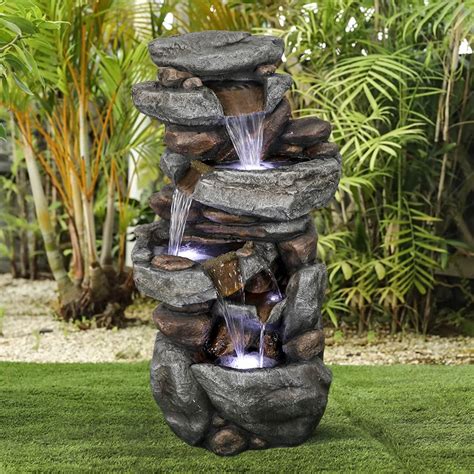 stacked rock outdoor water fountain  led lights rockery cascading outdoor waterfall