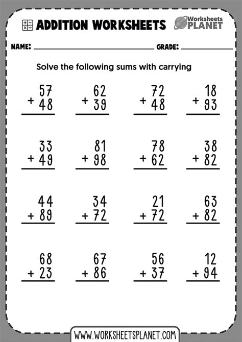 digit addition worksheets  carrying